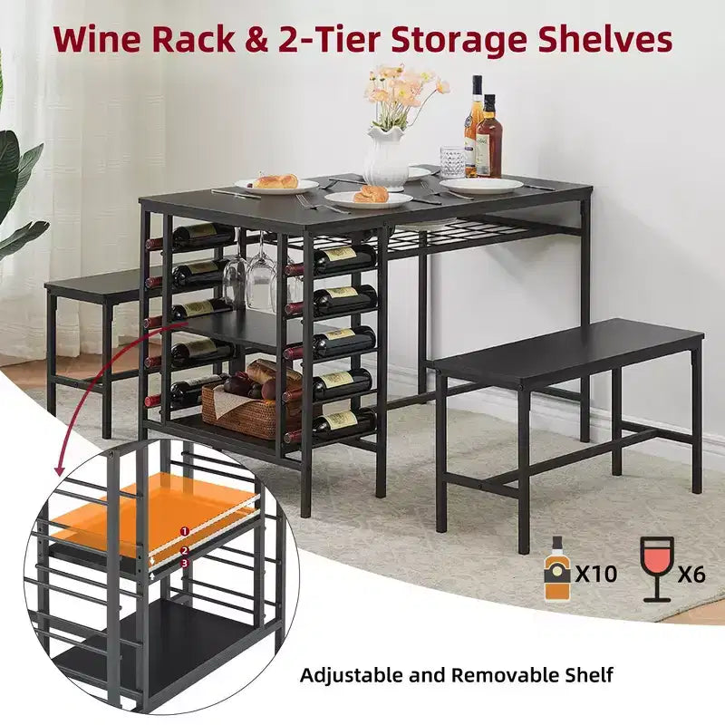 Ensemble de salle à manger Whizmax pour 4 personnes, ensemble table de cuisine pour 4 personnes avec 2 bancs, ensemble table de salle à manger rectangulaire avec casier à vin pour petit appartement