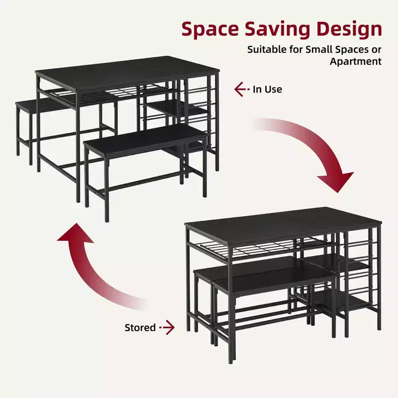 Ensemble de salle à manger Whizmax pour 4 personnes, ensemble table de cuisine pour 4 personnes avec 2 bancs, ensemble table de salle à manger rectangulaire avec casier à vin pour petit appartement