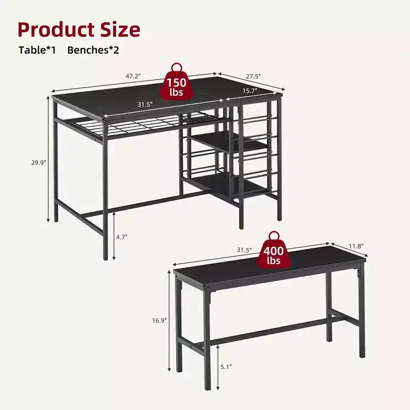 Ensemble de salle à manger Whizmax pour 4 personnes, ensemble table de cuisine pour 4 personnes avec 2 bancs, ensemble table de salle à manger rectangulaire avec casier à vin pour petit appartement