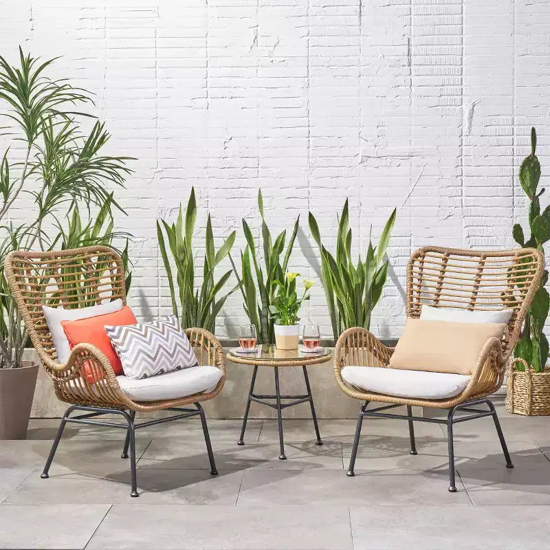 GDFStudio Izidro Salon de jardin 3 pièces en rotin et verre avec coussins, marron clair/beige