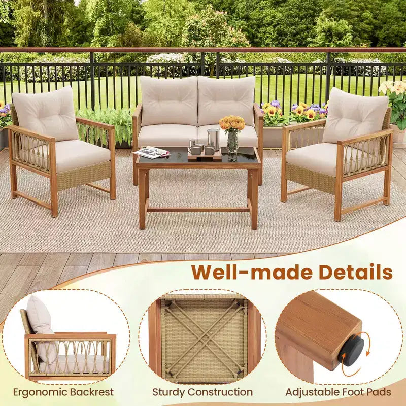 Ensemble de mobilier de patio Costway 4 pièces avec cadre en bois d'acacia, coussins et table basse
