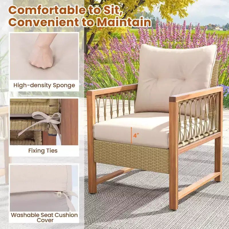 Ensemble de mobilier de patio Costway 4 pièces avec cadre en bois d'acacia, coussins et table basse