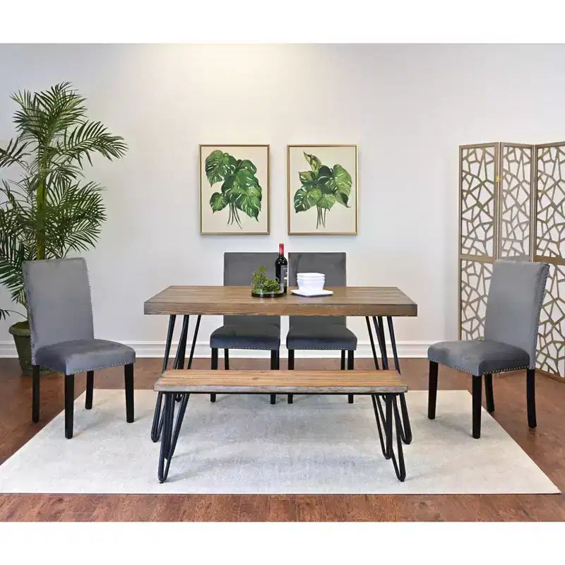 Ensemble de salle à manger 6 pièces Ashzo, table à manger avec pieds épingles à cheveux, 4 chaises et un banc, 3 options de couleur