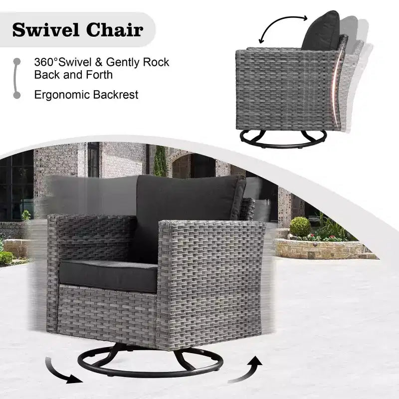 Ovios Venise Salon de jardin 9 pièces en osier avec canapé sectionnel, fauteuil pivotant et coussins