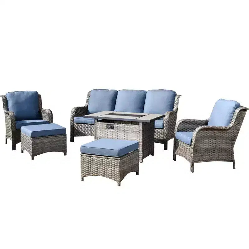 Ovios Orlando Ensemble de mobilier de jardin 6 pièces en osier gris avec foyer rectangulaire et coussins