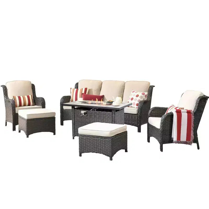Ovios Orlando Ensemble de mobilier de jardin 6 pièces en osier gris avec foyer rectangulaire et coussins