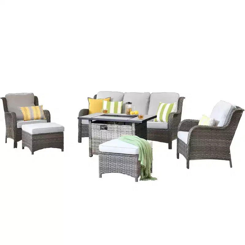 Ovios Orlando Ensemble de mobilier de jardin 6 pièces en osier gris avec foyer rectangulaire et coussins