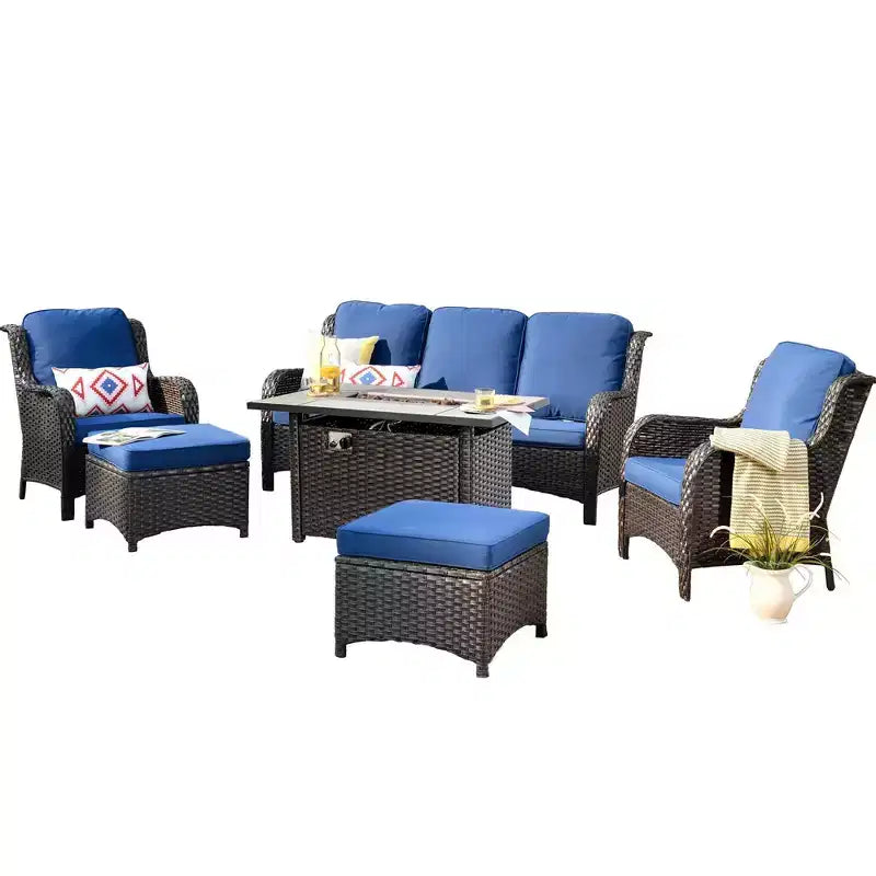 Ovios Orlando Ensemble de mobilier de jardin 6 pièces en osier gris avec foyer rectangulaire et coussins
