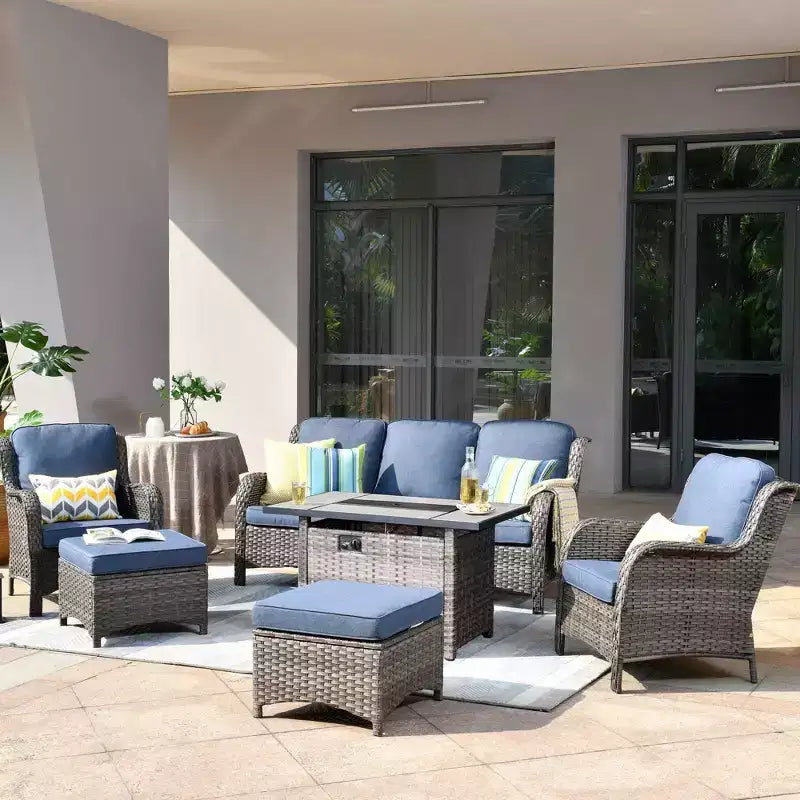 Ovios Orlando Ensemble de mobilier de jardin 6 pièces en osier gris avec foyer rectangulaire et coussins
