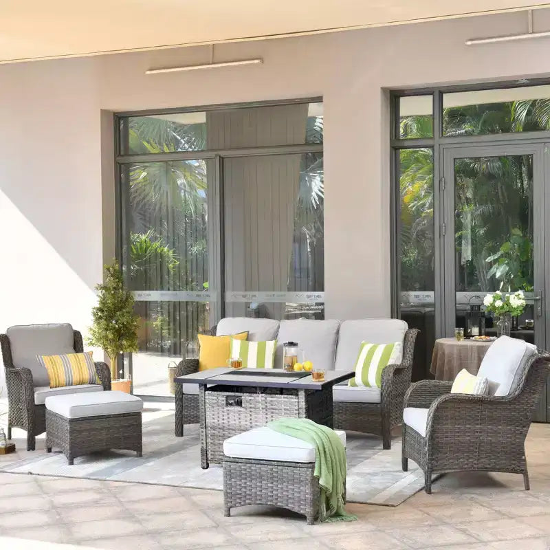 Ovios Orlando Ensemble de mobilier de jardin 6 pièces en osier gris avec foyer rectangulaire et coussins