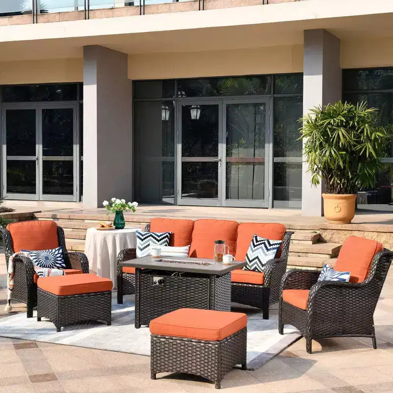 Ovios Orlando Ensemble de mobilier de jardin 6 pièces en osier gris avec foyer rectangulaire et coussins
