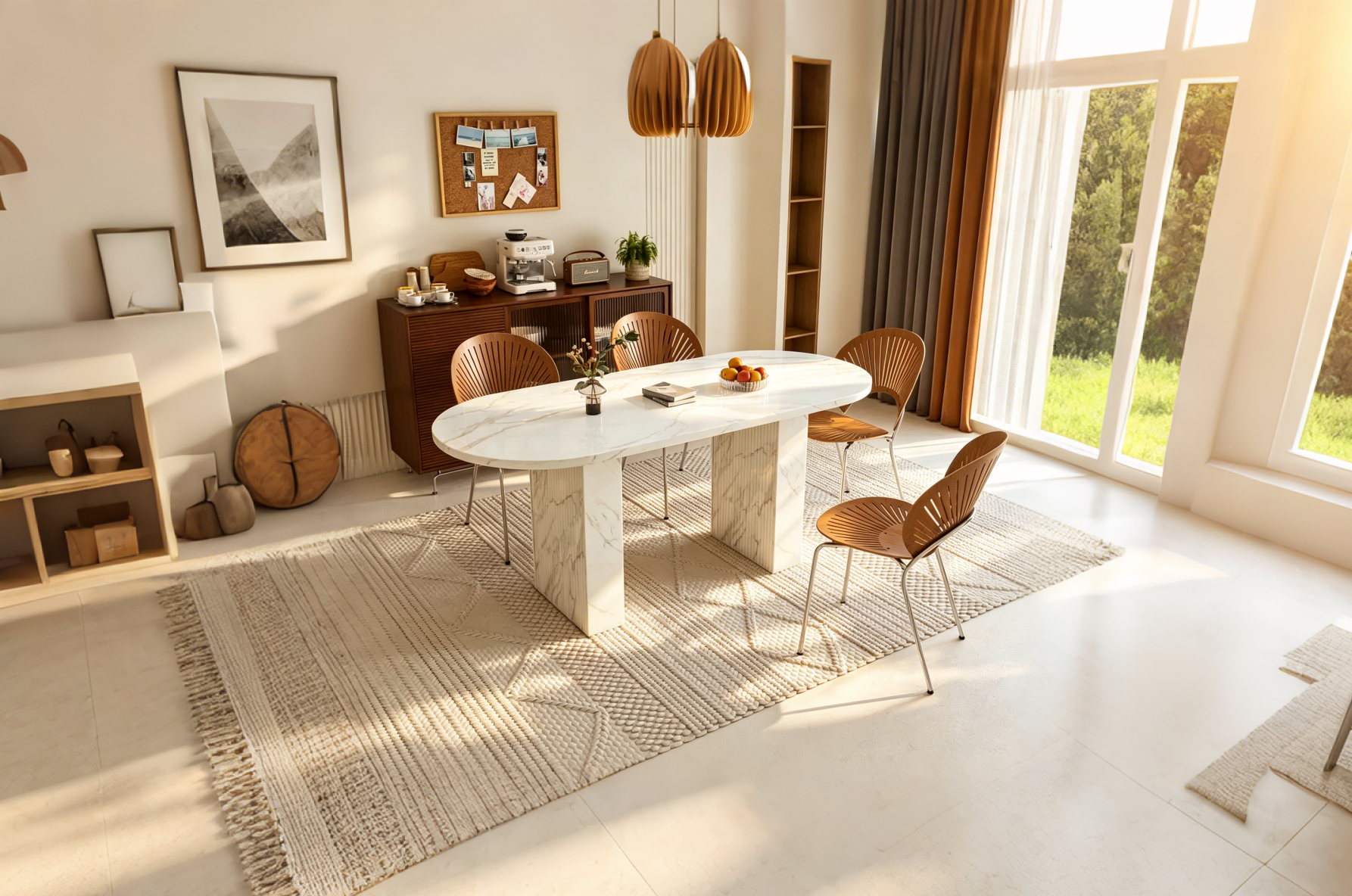 Table à manger ovale de 160 cm pour 6 personnes, plateau en marbre, base en bois à lattes, surface imperméable et résistante aux rayures, blanche